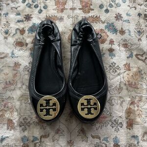 Tory Burch Black Leather Logo Ballet Flats with Gold Emblem